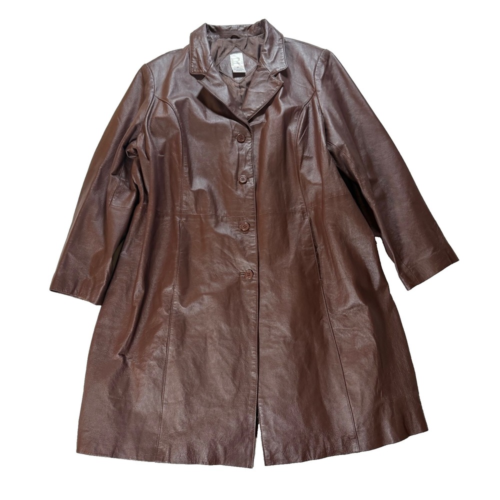 Vintage Roaman's Leather Midi Coat Women's Size B4 (2X) Brown Button Y2K Goth